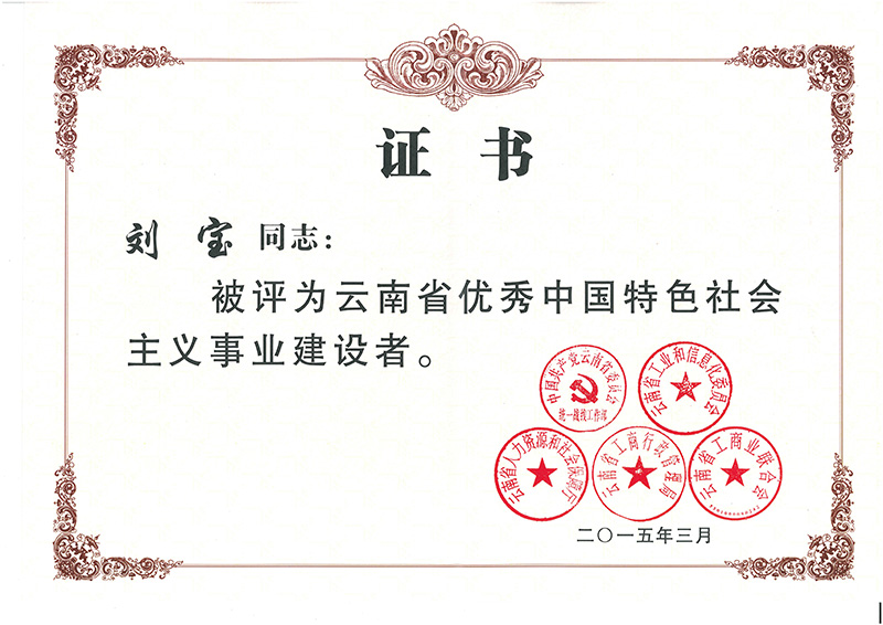 劉寶—中國特色社會主義事業建設者獲獎證書